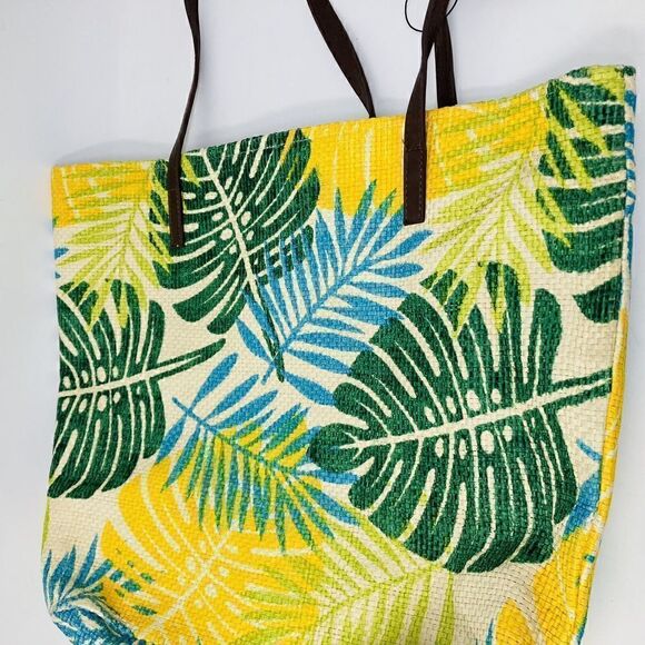 Shopper Purse Tote Eco‎ Bag 17"  Yellow & Green Tropical Paper Handmade - Picture 3 of 6